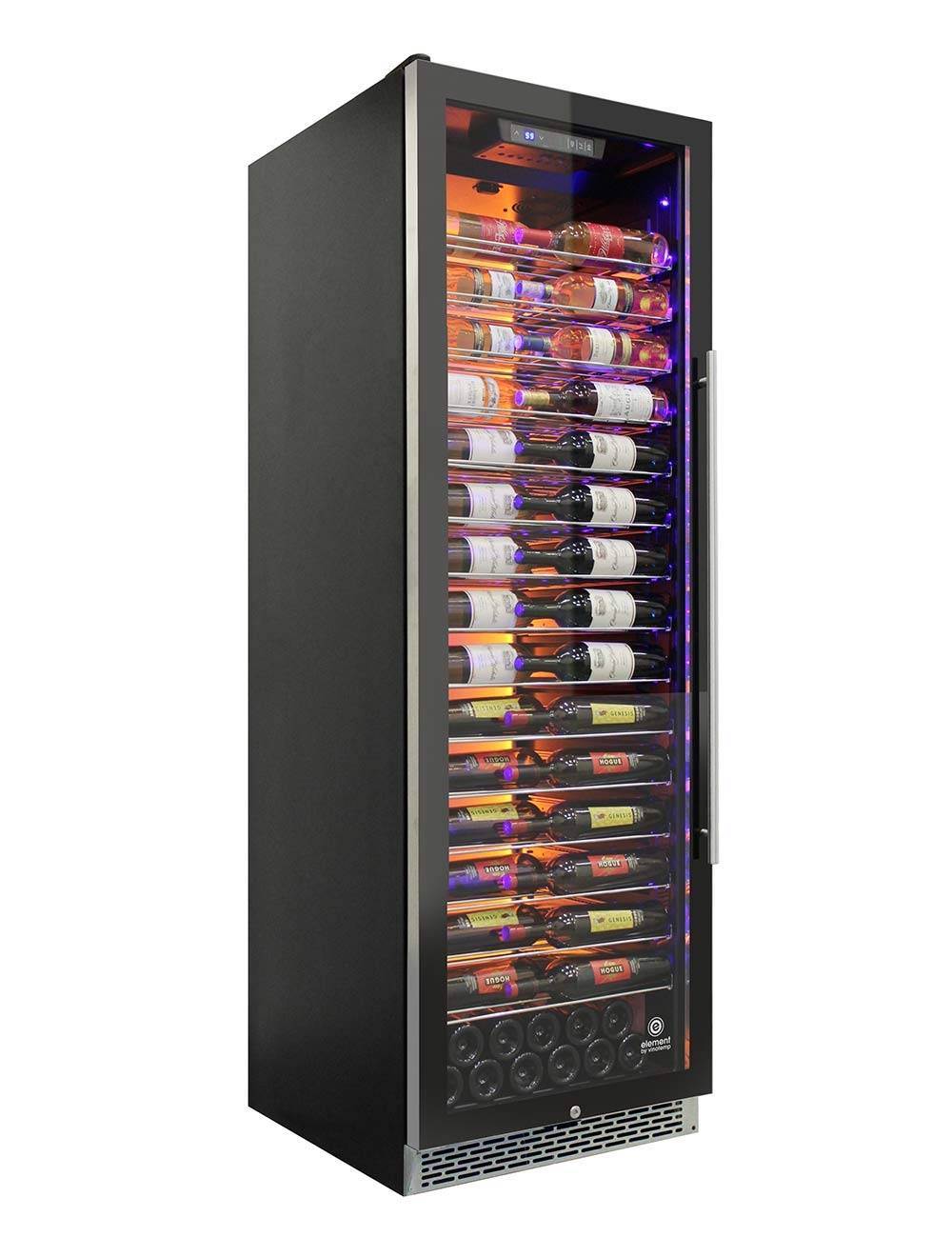 Vinotemp 141 Bottle Single-Zone Wine Cooler, 3 Color Backlit Lighting, Black Body, Stainless Steel Door (Left Hinge)