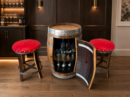 Whiskey & Wine Barrel Bar Set — Cabinet Storage, Bar Stools, No Top