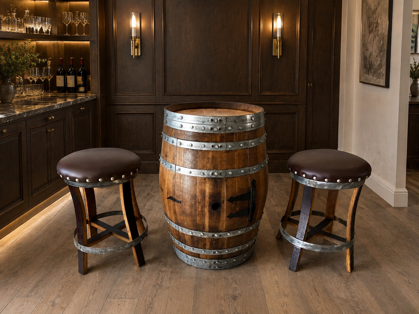 Whiskey & Wine Barrel Bar Set — Cabinet Storage, Bar Stools, No Top