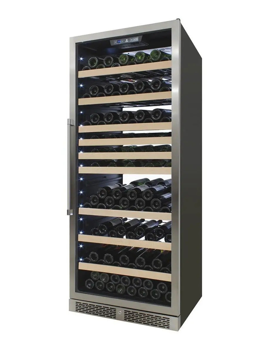 Vinotemp 173 Bottle Single-Zone Wine Cooler, White Backlit Lighting, Black Body, Stainless Steel Door