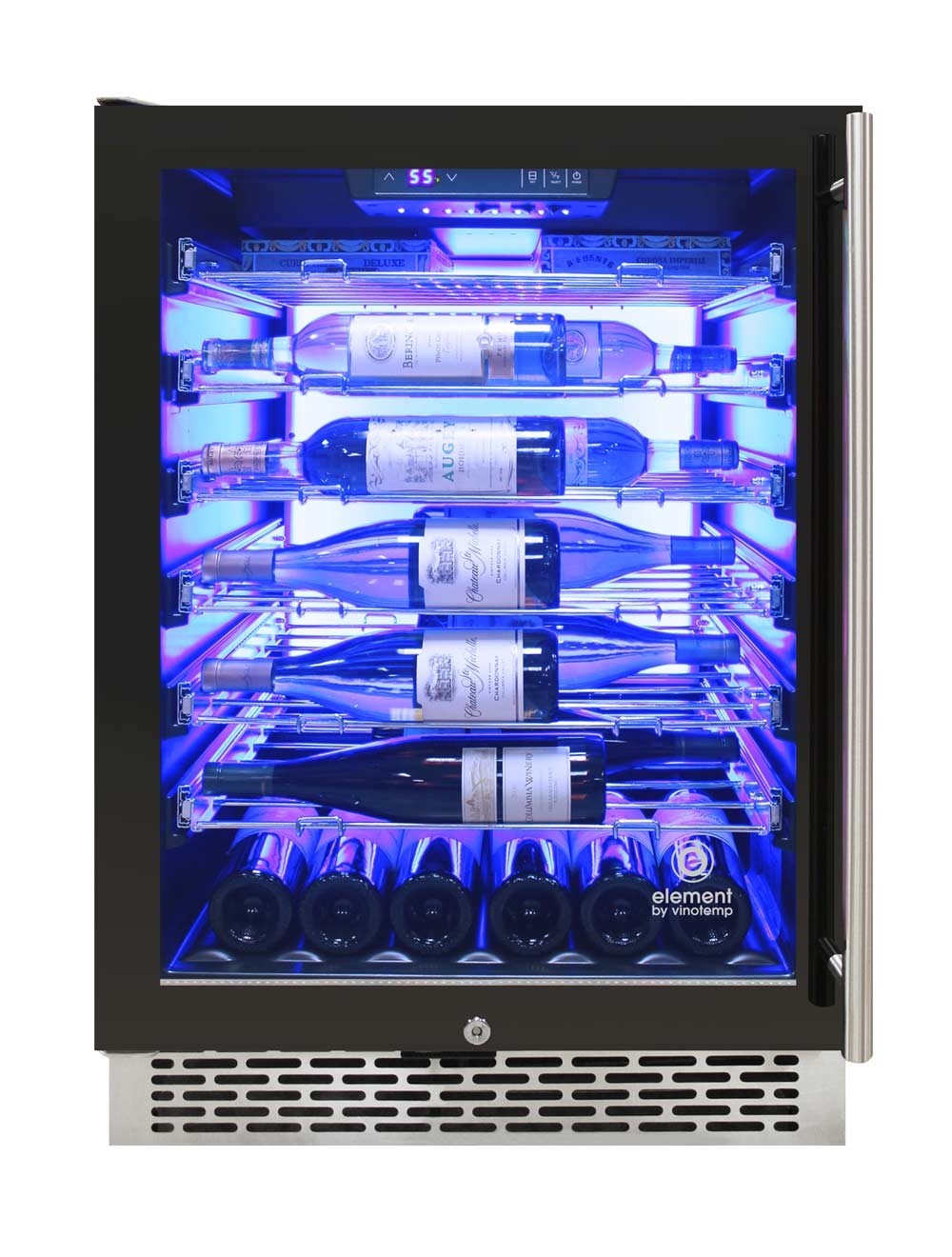 Vinotemp 188 Bottle Single-Zone Wine Cooler, 3 Color Backlit Lighting, Black Body, Stainless Steel Door