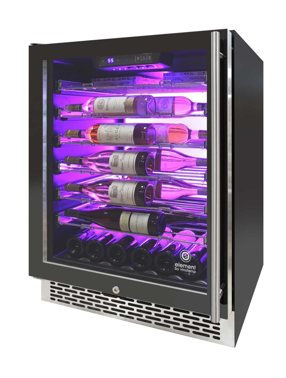 Vinotemp 188 Bottle Single-Zone Wine Cooler, 3 Color Backlit Lighting, Black Body, Stainless Steel Door