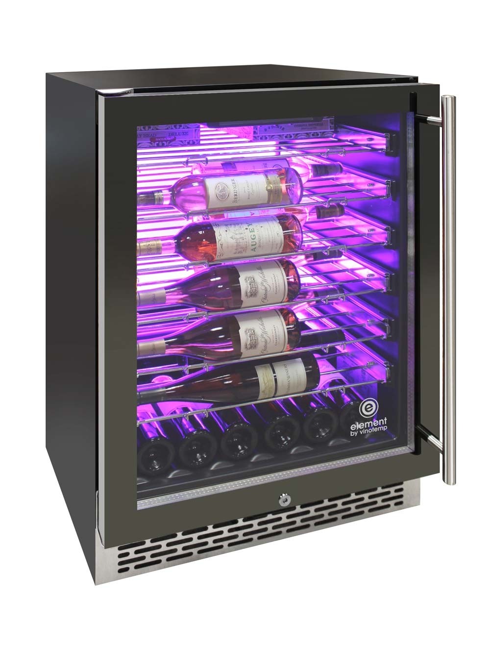 Vinotemp 188 Bottle Single-Zone Wine Cooler, 3 Color Backlit Lighting, Black Body, Stainless Steel Door