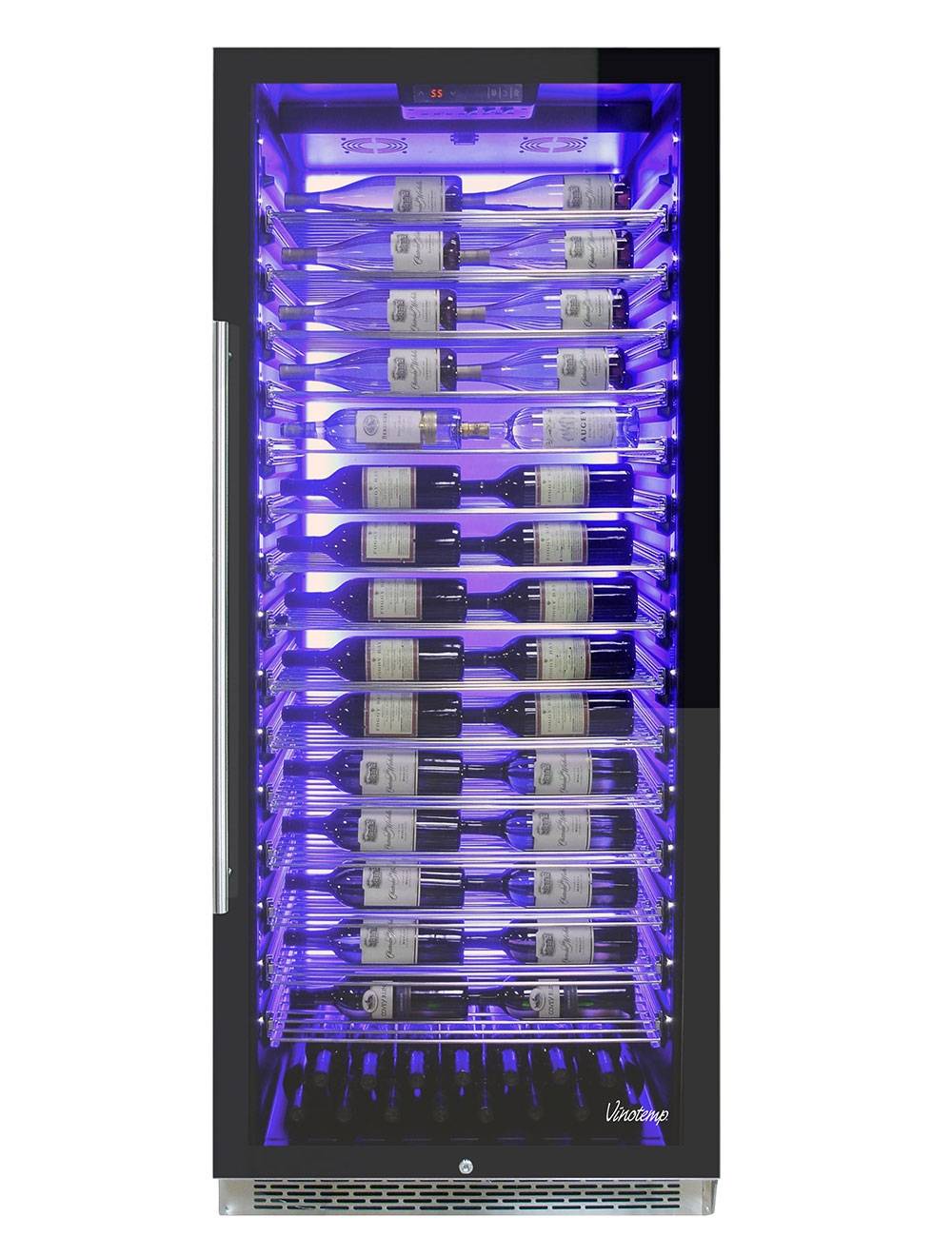 Vinotemp 188 Bottle Single-Zone Wine Cooler, 3 Color Backlit Lighting, Black Body, Stainless Steel Door (Left Hinge)