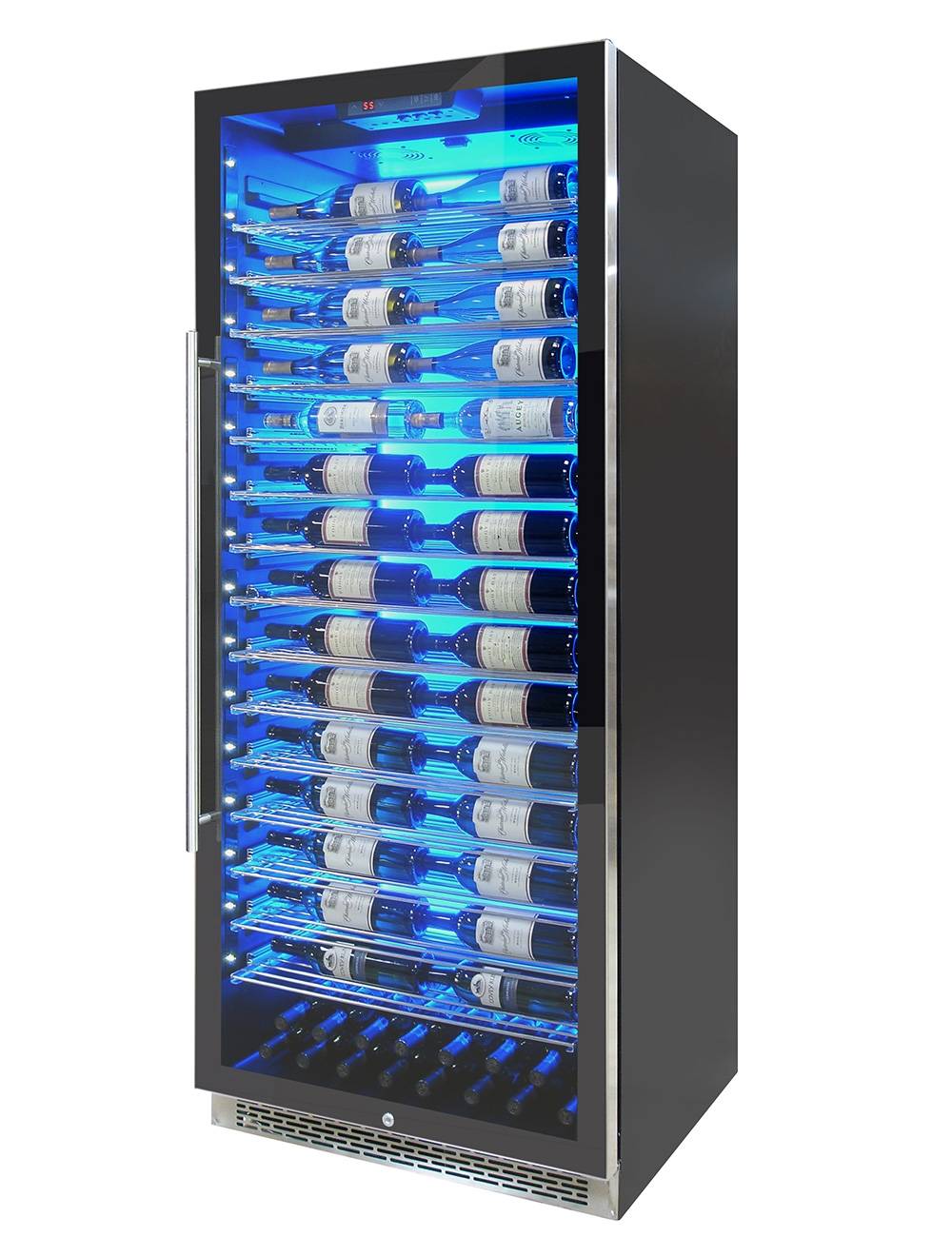 Vinotemp 188 Bottle Single-Zone Wine Cooler, 3 Color Backlit Lighting, Black Body, Stainless Steel Door (Left Hinge)