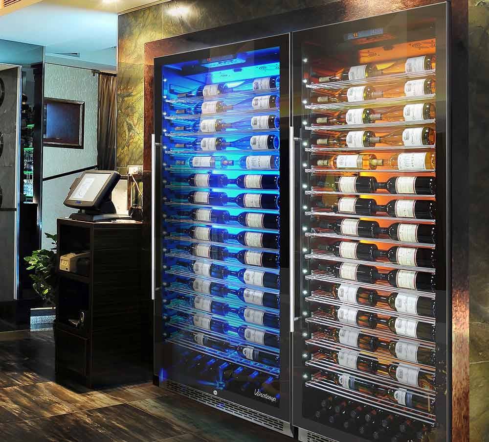 Vinotemp 188 Bottle Single-Zone Wine Cooler, 3 Color Backlit Lighting, Black Body, Stainless Steel Door (Left Hinge)