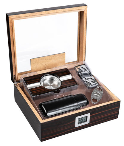 Prestige Import Group 75 Ct. Cherry Ebony Lacquer Gift Set w/ External Digital Hygrometer