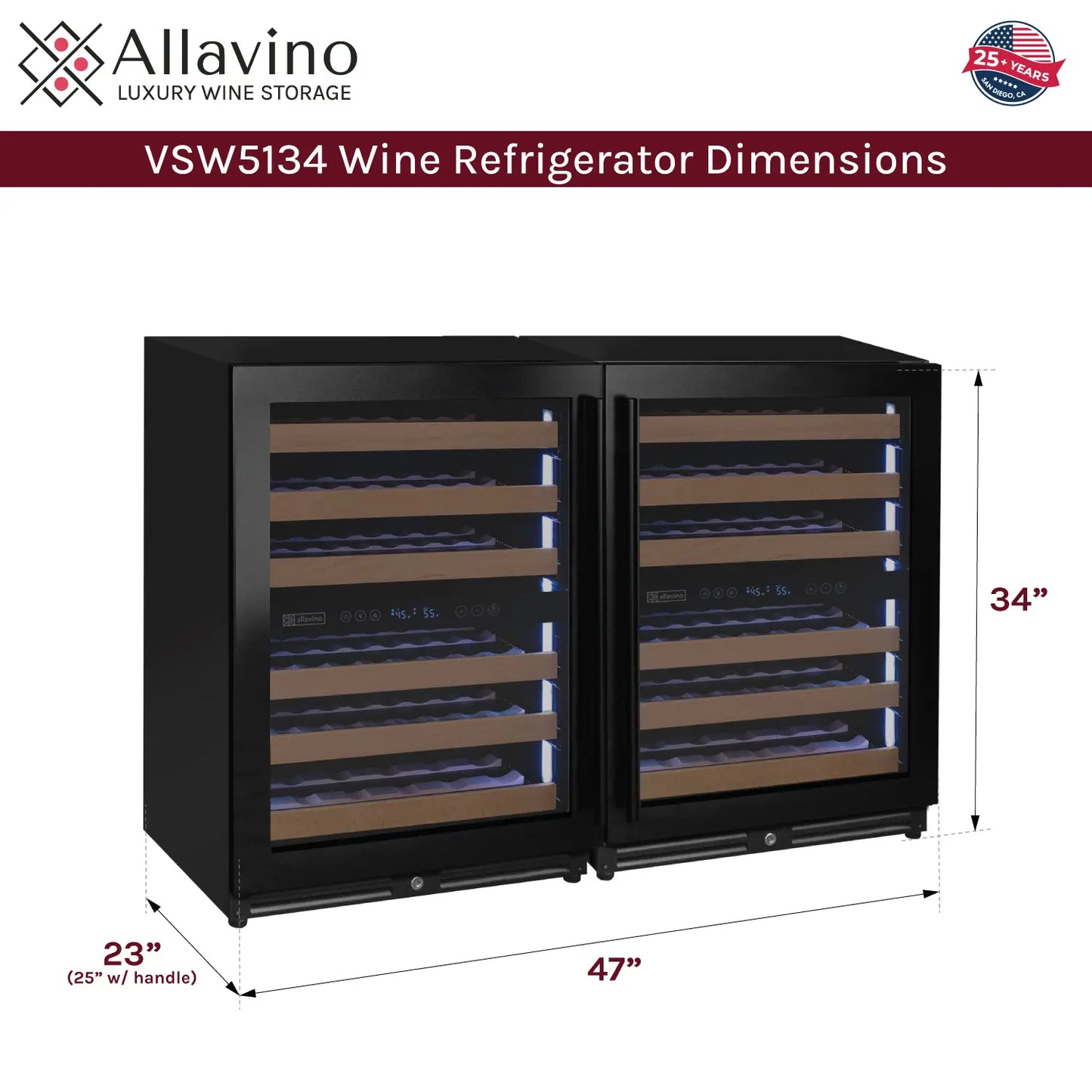 Allavino Reserva Series 102 Bottle Four Zone Built-in Luxury Wine Refrigerator with Black Metal Doors - Side-by-Side