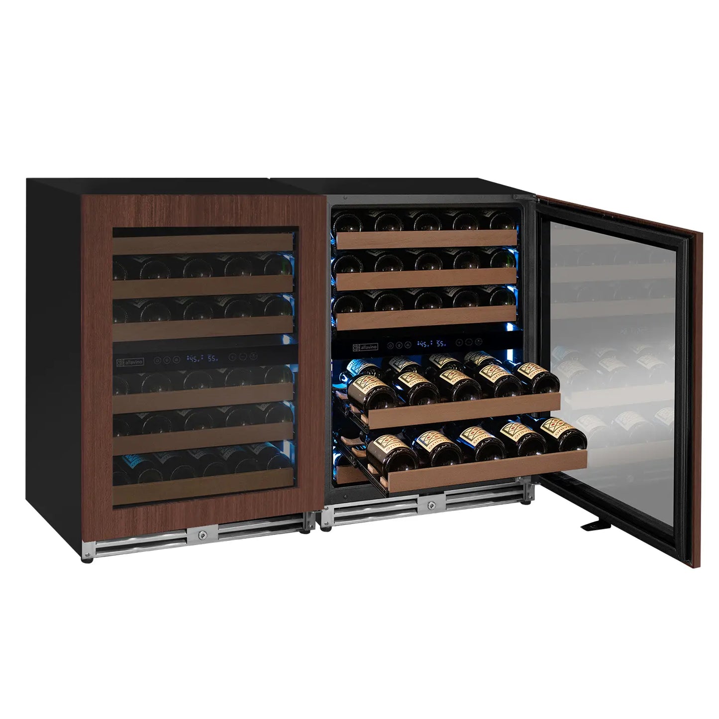 Allavino Reserva Series 102 Bottle Four Zone Undercounter Wine Refrigerator Cooler with Panel Ready Overlay Doors - Side-by-Side