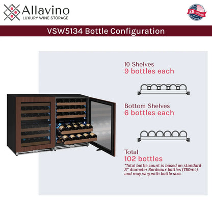 Allavino Reserva Series 102 Bottle Four Zone Undercounter Wine Refrigerator Cooler with Panel Ready Overlay Doors - Side-by-Side