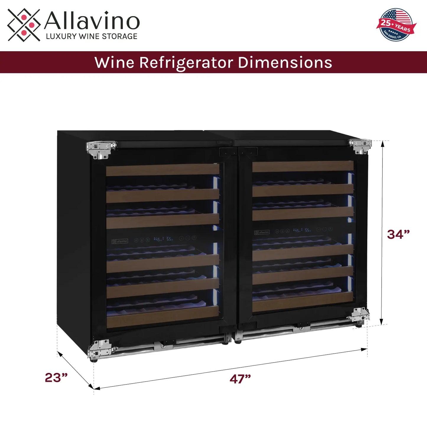 Allavino Reserva Series 102 Bottle Four Zone Undercounter Wine Refrigerator Cooler with Panel Ready Overlay Doors - Side-by-Side