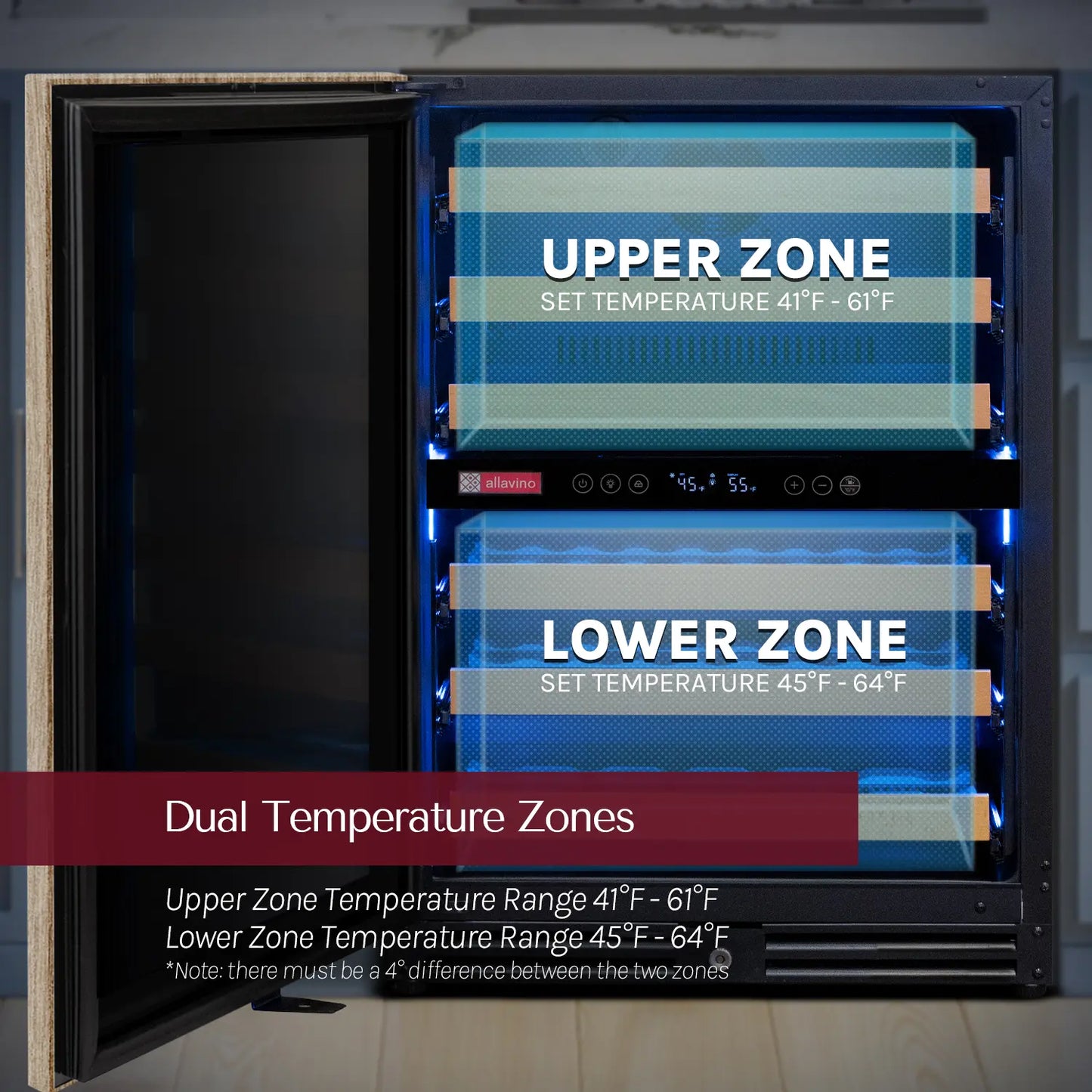 Allavino Reserva Series 102 Bottle Four Zone Undercounter Wine Refrigerator Cooler with Panel Ready Overlay Doors - Side-by-Side