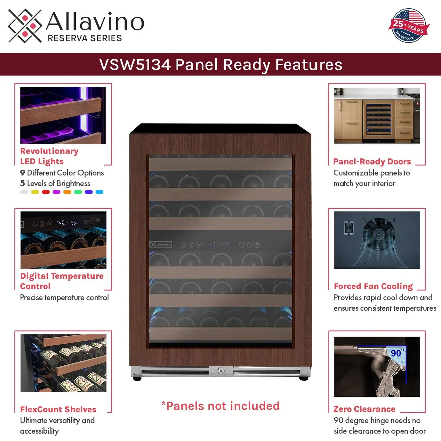Allavino Reserva Series 102 Bottle Four Zone Undercounter Wine Refrigerator Cooler with Panel Ready Overlay Doors - Side-by-Side