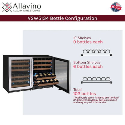 Allavino Reserva Series 102 Bottle Four Zone Built-in Luxury Wine Refrigerator with Stainless Steel Doors - Side-by-Side