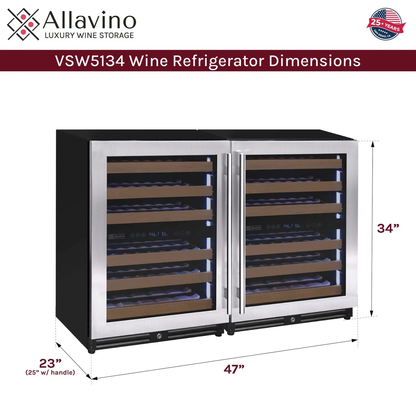 Allavino Reserva Series 102 Bottle Four Zone Built-in Luxury Wine Refrigerator with Stainless Steel Doors - Side-by-Side