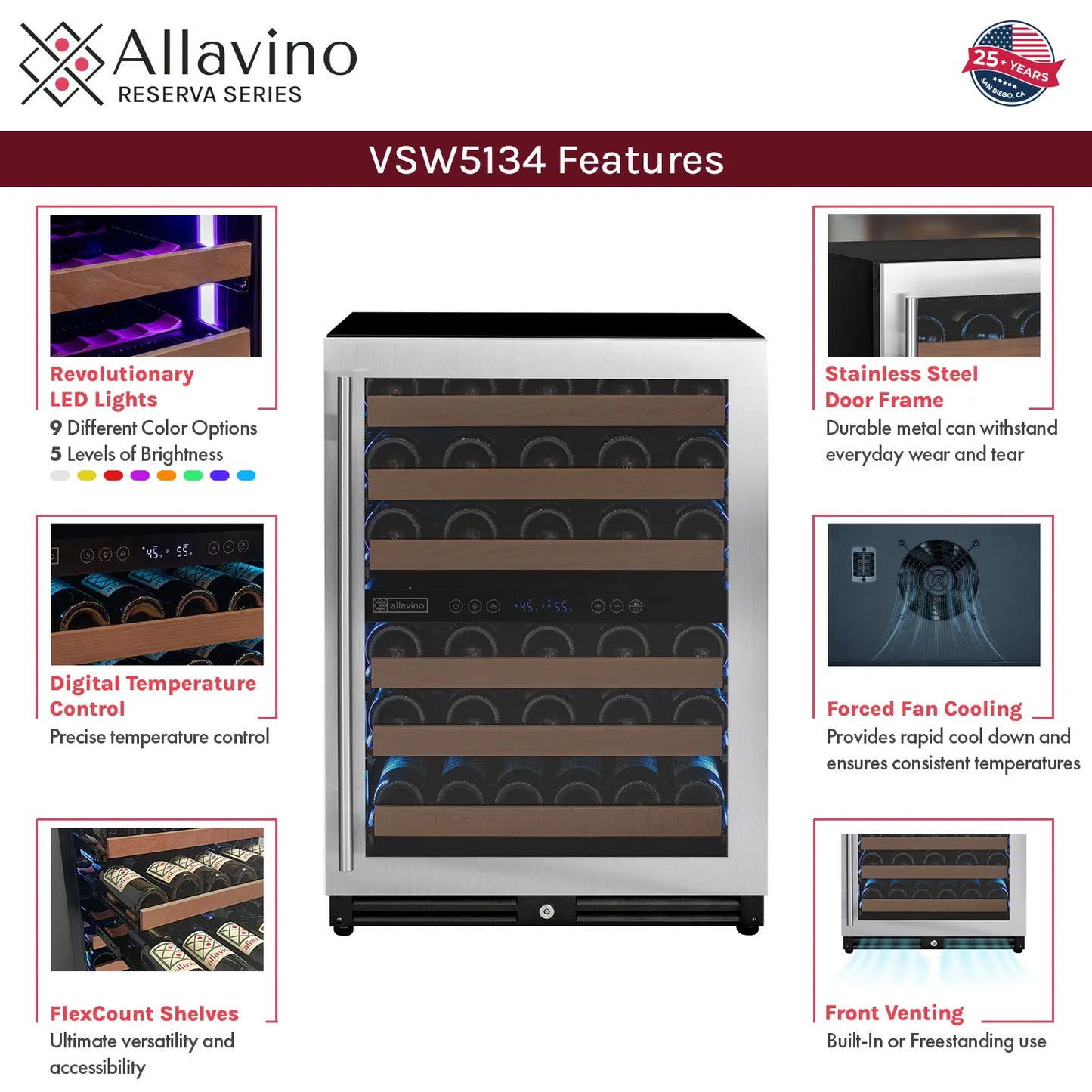 Allavino Reserva Series 102 Bottle Four Zone Built-in Luxury Wine Refrigerator with Stainless Steel Doors - Side-by-Side