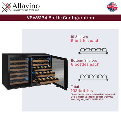 Allavino Reserva Series 102 Bottle Dual Zone Built-in Luxury Wine Refrigerator with Black Metal Doors - Side-by-Side