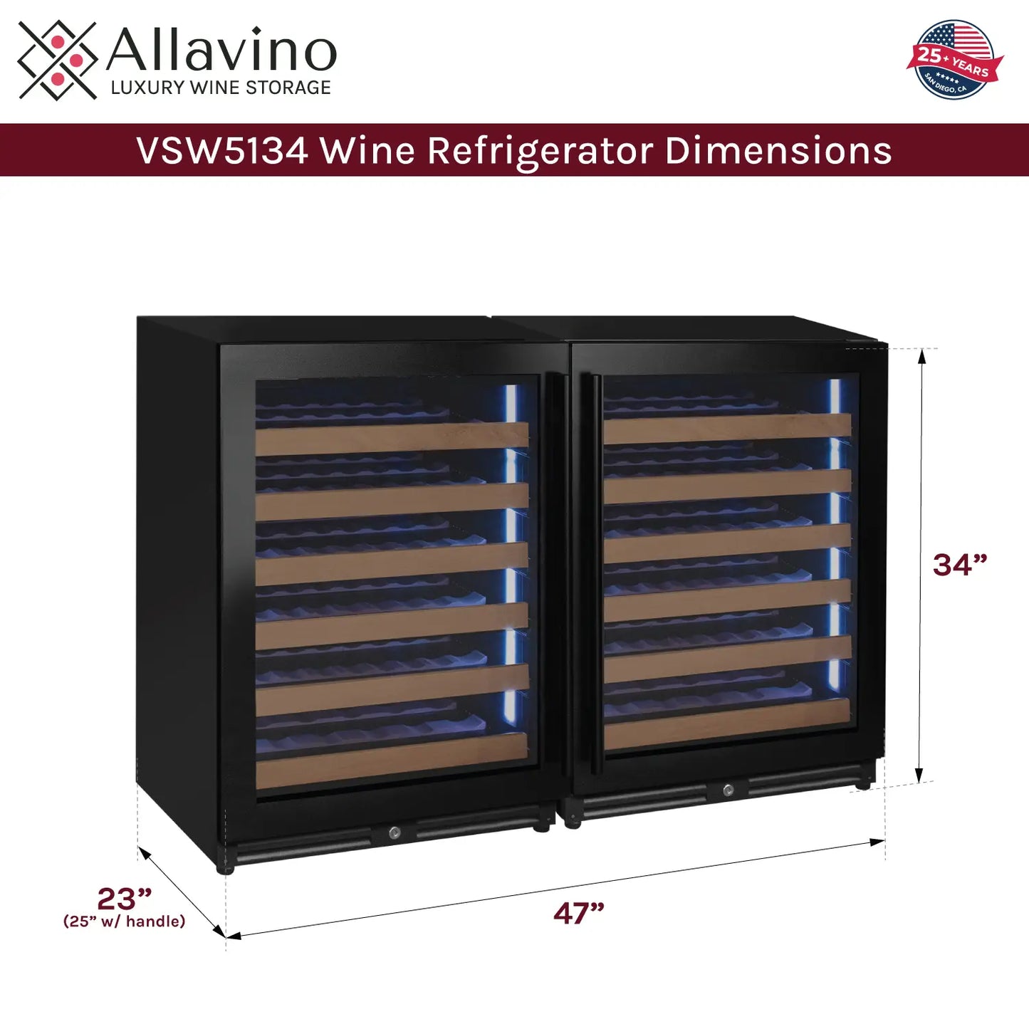 Allavino Reserva Series 102 Bottle Dual Zone Built-in Luxury Wine Refrigerator with Black Metal Doors - Side-by-Side