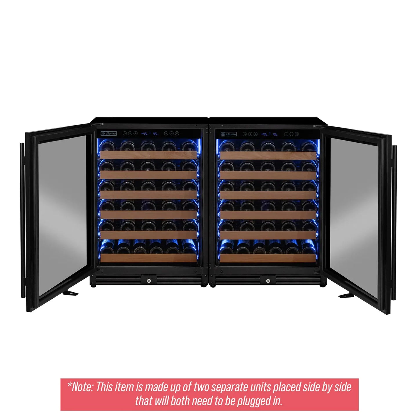 Allavino Reserva Series 102 Bottle Dual Zone Built-in Luxury Wine Refrigerator with Black Metal Doors - Side-by-Side