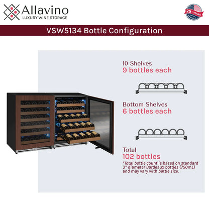 Allavino Reserva Series 102 Bottle Dual Zone Built-in Luxury Wine Refrigerator with Panel Ready Overlay Doors - Side-by-Side