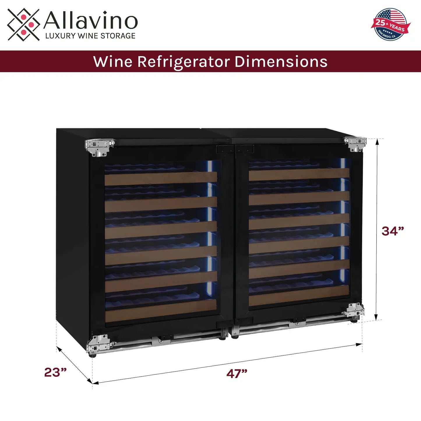 Allavino Reserva Series 102 Bottle Dual Zone Built-in Luxury Wine Refrigerator with Panel Ready Overlay Doors - Side-by-Side