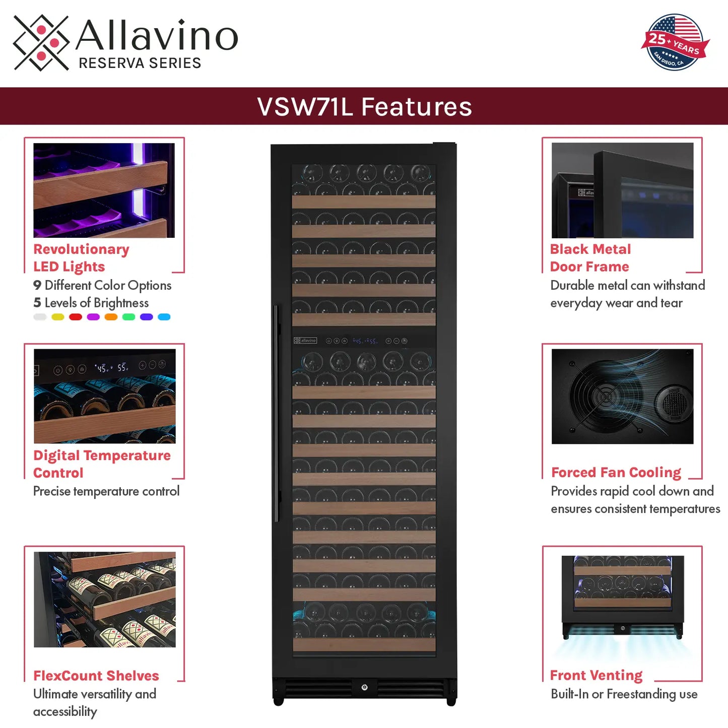 Allavino Reserva Series 344 Bottle Four Zone Built-In Side-by-Side Wine Refrigerators with Black Metal Doors