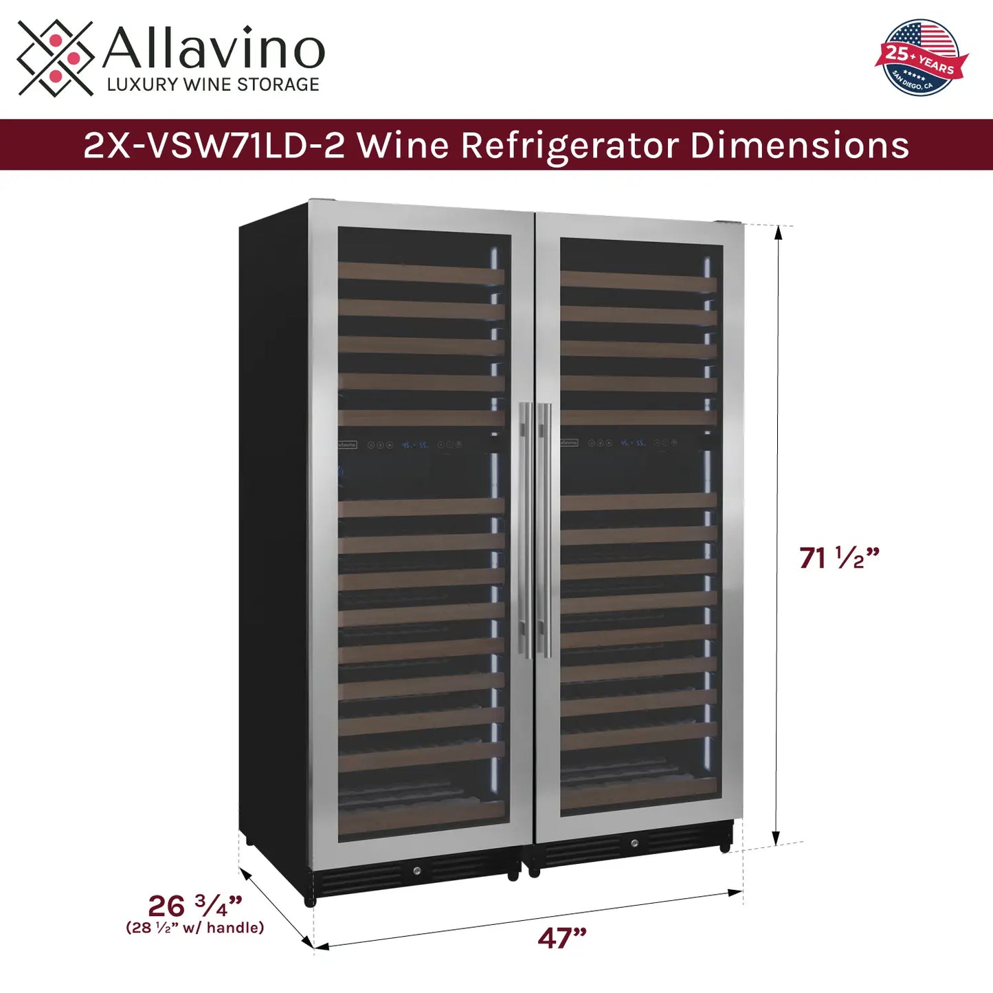 Allavino Reserva Series 344 Bottle Four Zone Built-In Side-by-Side Wine Refrigerators with Stainless Steel Doors