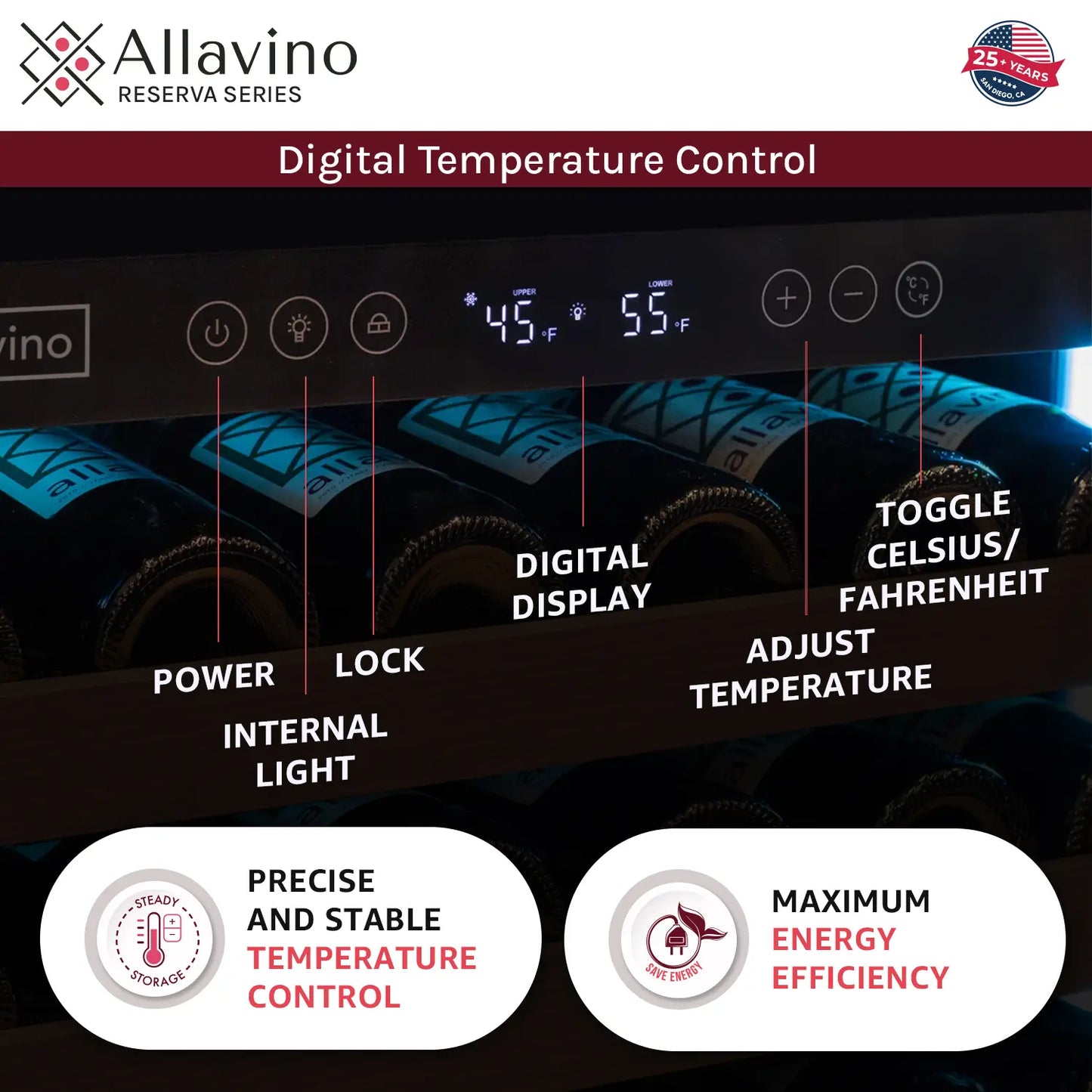 Allavino Reserva Series 344 Bottle Four Zone Built-In Side-by-Side Wine Refrigerators with Stainless Steel Doors