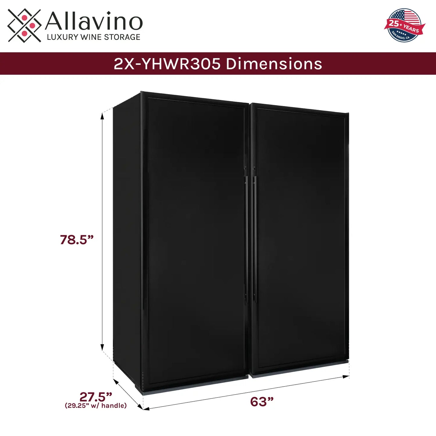 Allavino Vite Series 610 Bottle Dual Zone Freestanding Large Capacity Side-by-Side Wine Refrigerator with Solid Black Doors