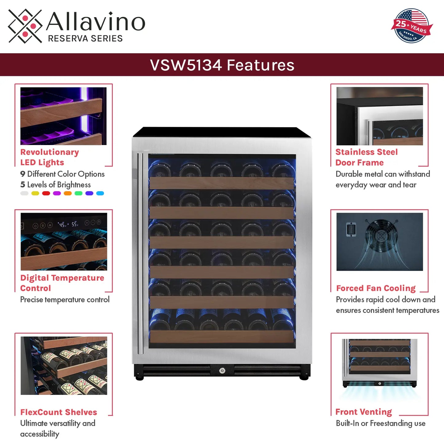 Allavino Reserva Series 47" Wide Side-by-Side Wine Refrigerator and Beverage Center with Stainless Steel Doors