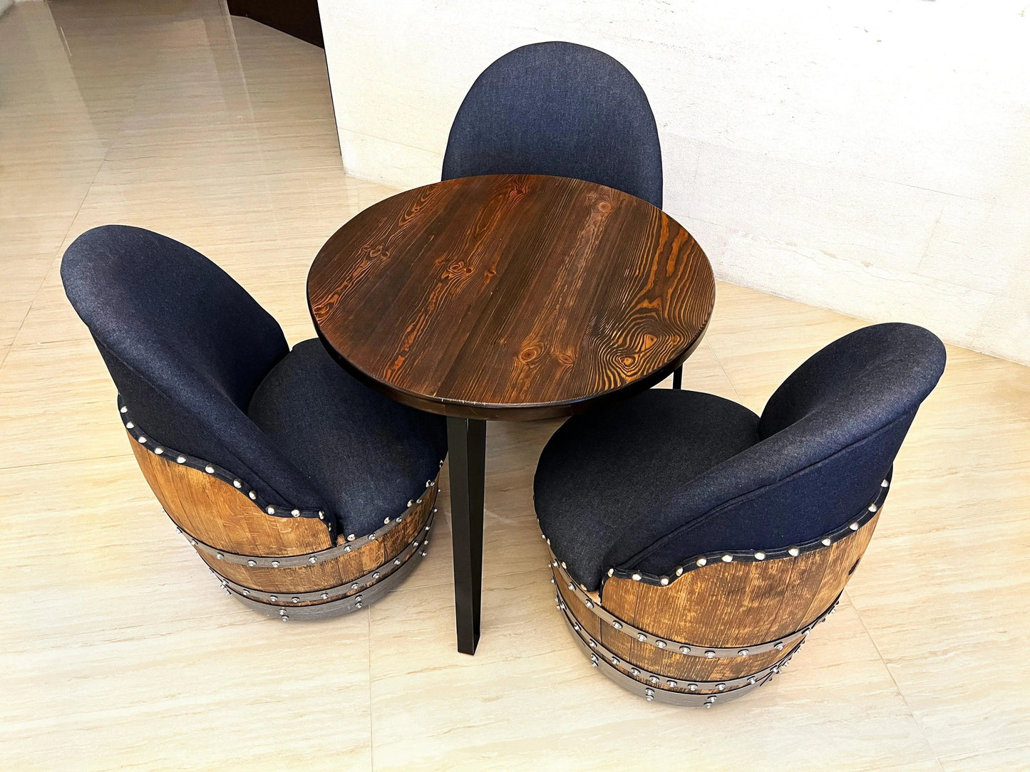 Whiskey & Wine Barrel Steel-Leg Table Set — 3 Chairs, Modern Build