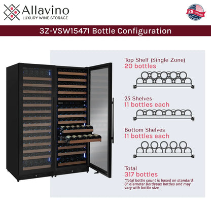 Allavino Reserva Series 317 Bottle Three Zone Tall Side-by-Side Wine Refrigerators with Black Metal Doors