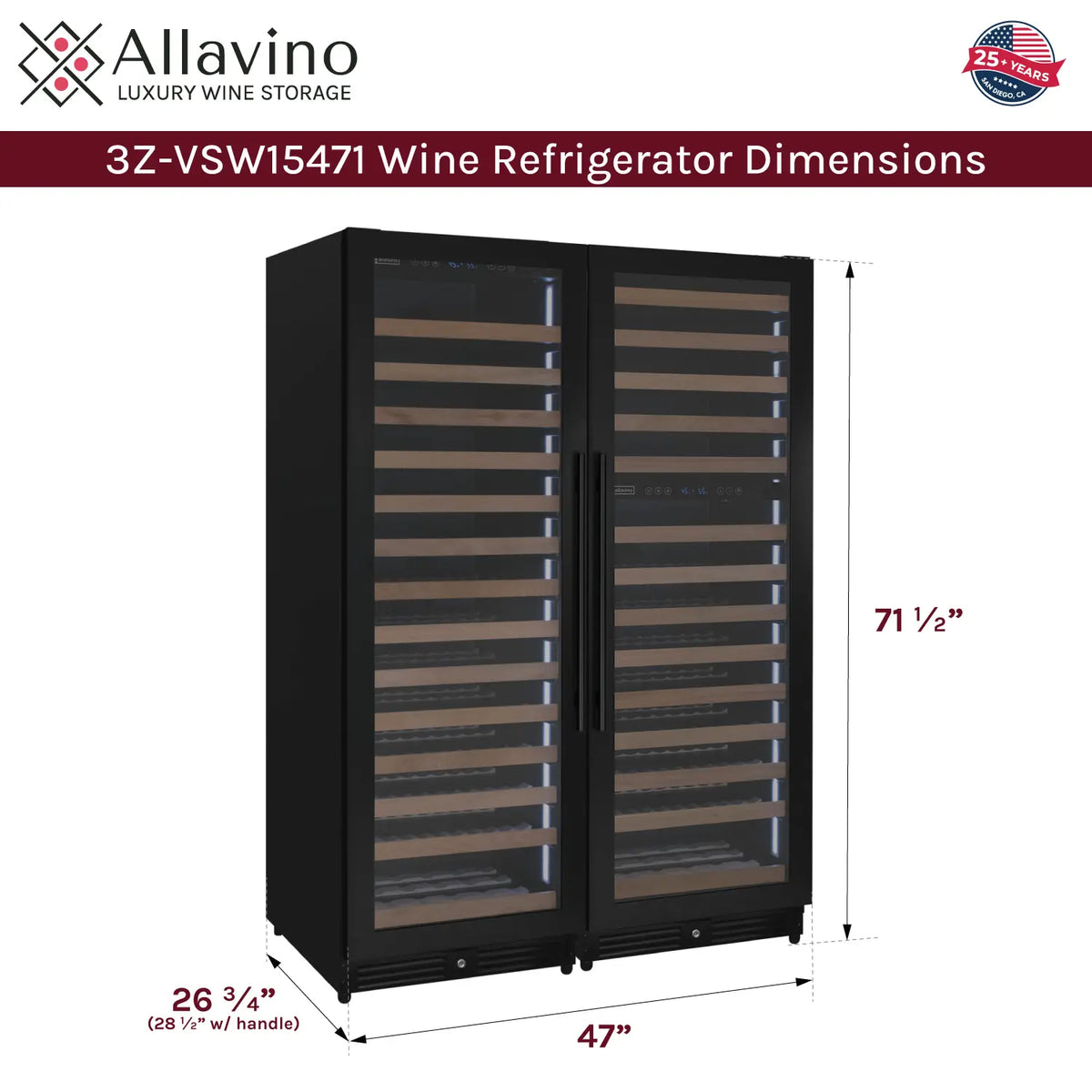 Allavino Reserva Series 317 Bottle Three Zone Tall Side-by-Side Wine Refrigerators with Black Metal Doors