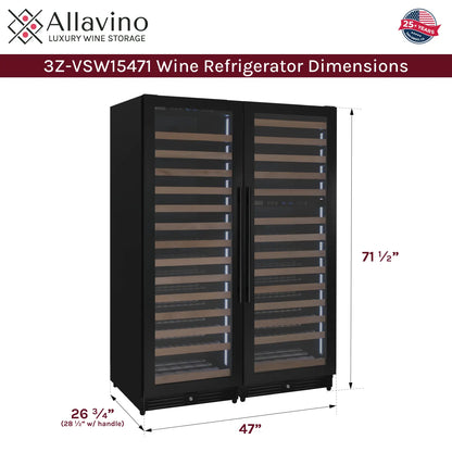 Allavino Reserva Series 317 Bottle Three Zone Tall Side-by-Side Wine Refrigerators with Black Metal Doors