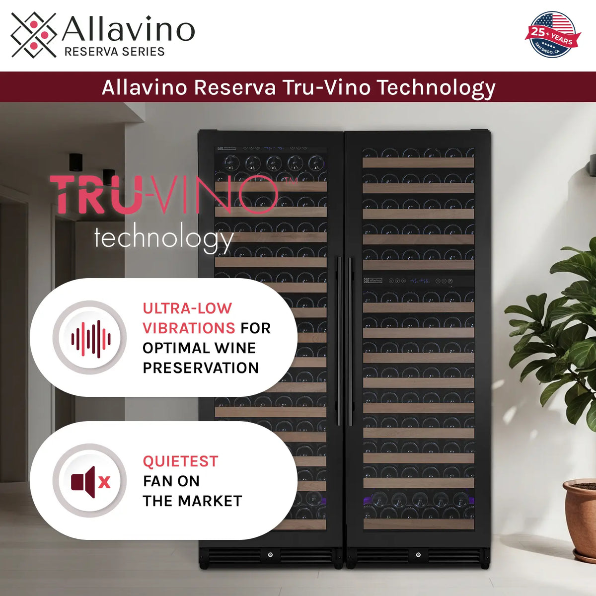 Allavino Reserva Series 317 Bottle Three Zone Tall Side-by-Side Wine Refrigerators with Black Metal Doors