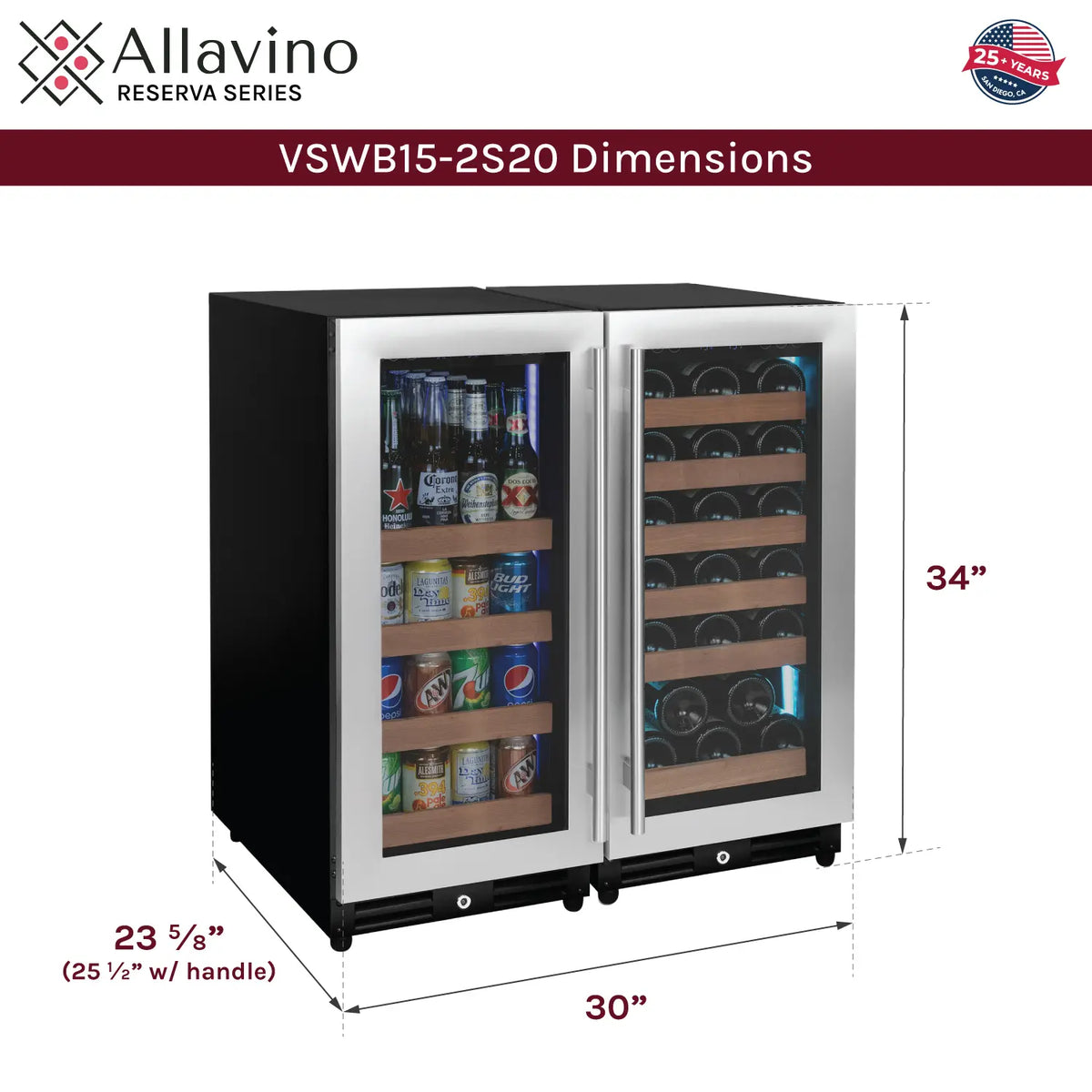 Allavino Reserva Series 112 Bottle Three Zone Undercounter Wine Refrigerator with Black Doors - Side-by-Side