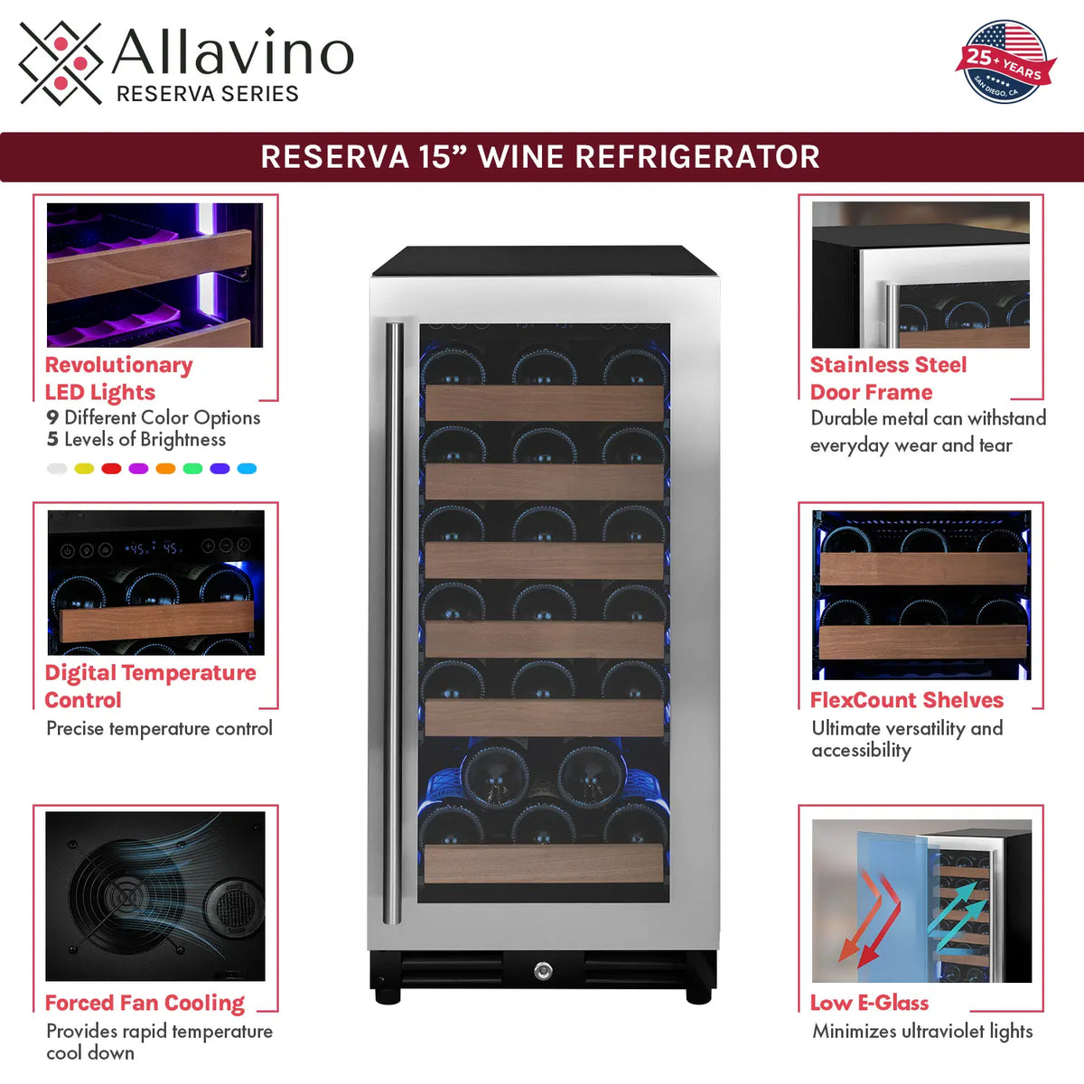 Allavino Reserva Series 112 Bottle Three Zone Undercounter Wine Refrigerator with Black Doors - Side-by-Side