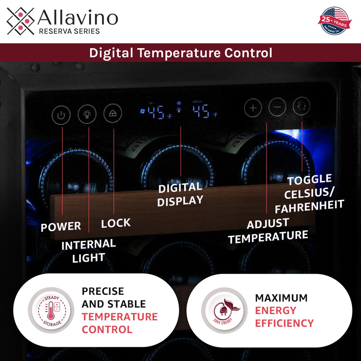 Allavino Reserva Series 112 Bottle Three Zone Undercounter Wine Refrigerator with Black Doors - Side-by-Side