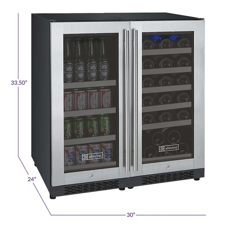 Allavino 30" Wide FlexCount II Tru-Vino 30 Bottle/88 Can Dual Zone Stainless Steel Built-In Wine Refrigerator/Beverage Center