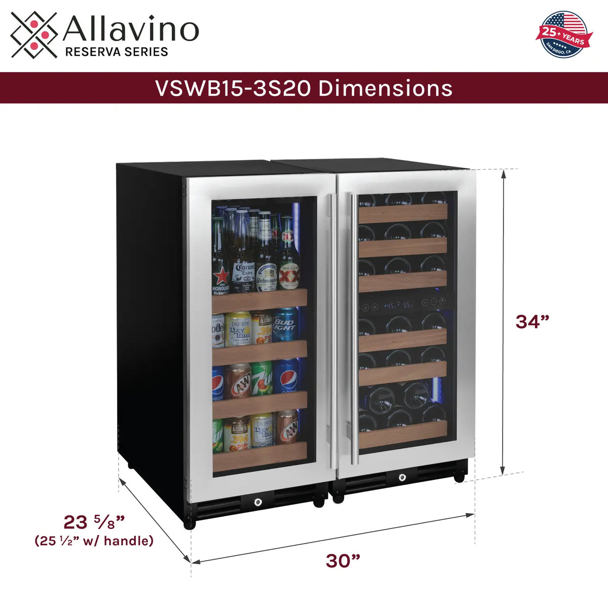 Allavino Reserva Series 30 Bottle/88 Can Three Zone Side-by-Side Wine Refrigerator/Beverage Center with Stainless Steel Doors