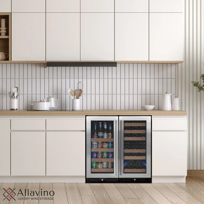 Allavino Reserva Series 30 Bottle/88 Can Three Zone Side-by-Side Wine Refrigerator/Beverage Center with Stainless Steel Doors