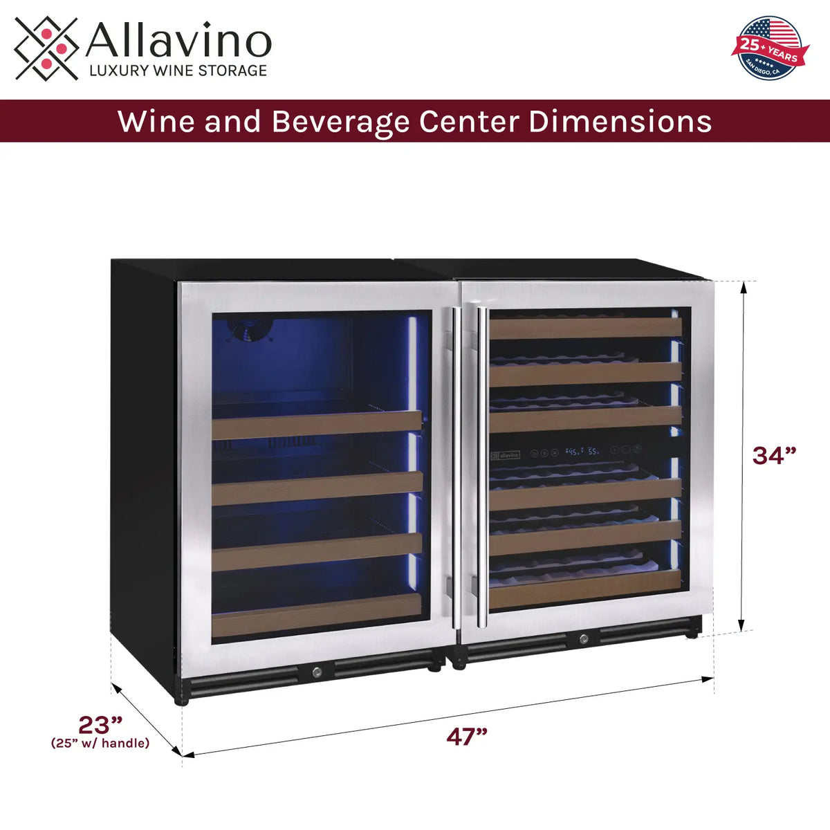 Allavino Reserva 47" Wide Three Zone Side-by-Side Wine Refrigerator/Beverage Center with Stainless Steel Doors