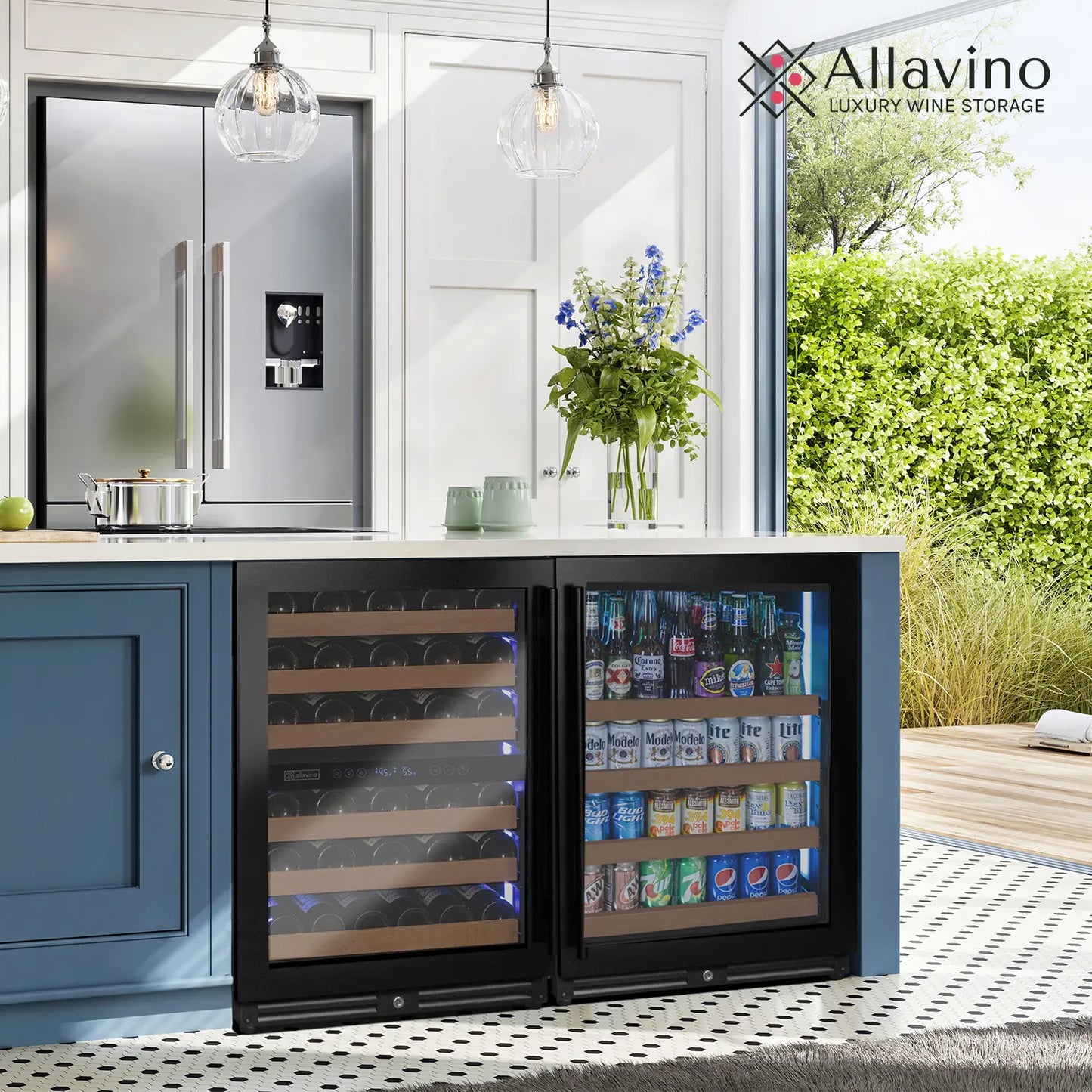 Allavino Reserva Series 102 Bottle Three Zone Built-in Luxury Wine Refrigerator & Beverage Center with Black Metal Doors - Side-by-Side