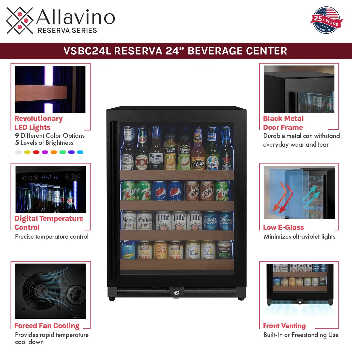 Allavino Reserva Series 102 Bottle Three Zone Built-in Luxury Wine Refrigerator & Beverage Center with Black Metal Doors - Side-by-Side