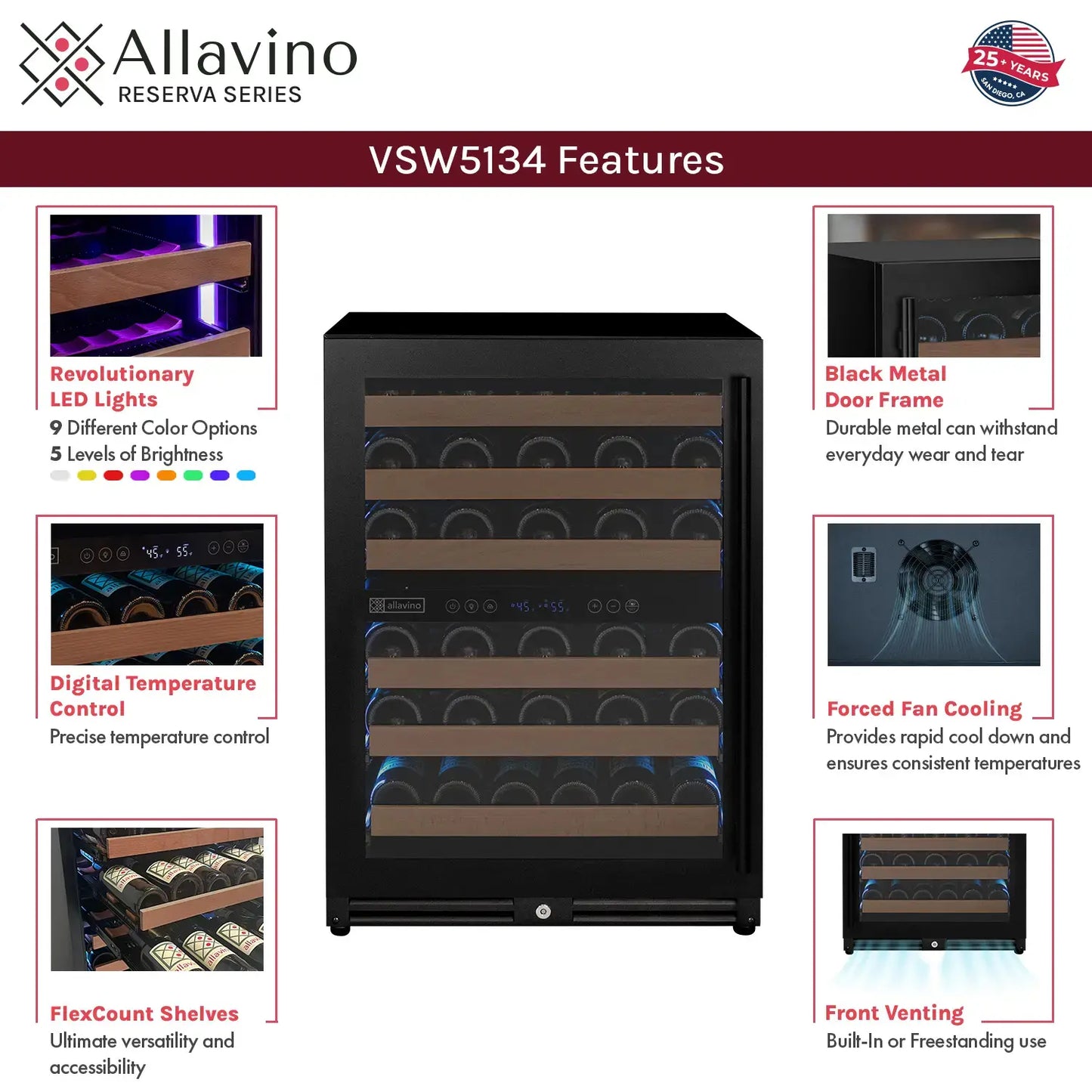 Allavino Reserva Series 102 Bottle Three Zone Built-in Luxury Wine Refrigerator & Beverage Center with Black Metal Doors - Side-by-Side
