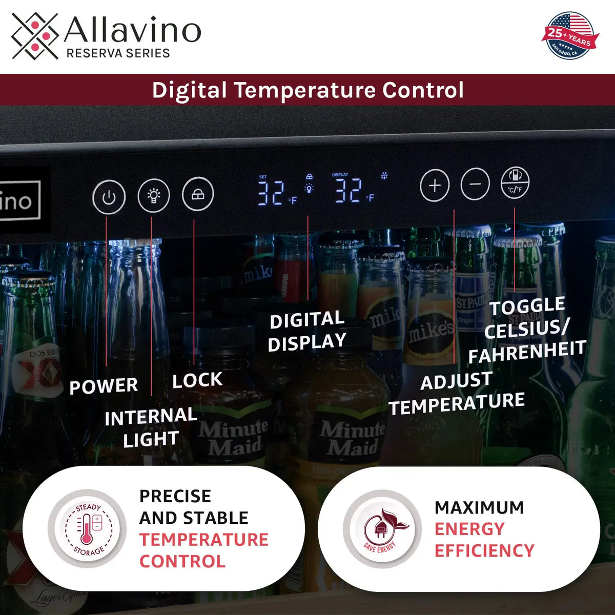 Allavino Reserva Series 102 Bottle Three Zone Built-in Luxury Wine Refrigerator & Beverage Center with Black Metal Doors - Side-by-Side