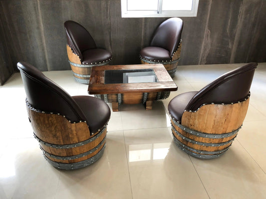 Wine Barrel Coffee Table Set with 4 Chairs - Rustic Whiskey Barrel Furniture Set - Handmade Solid Oak - Free Shipping