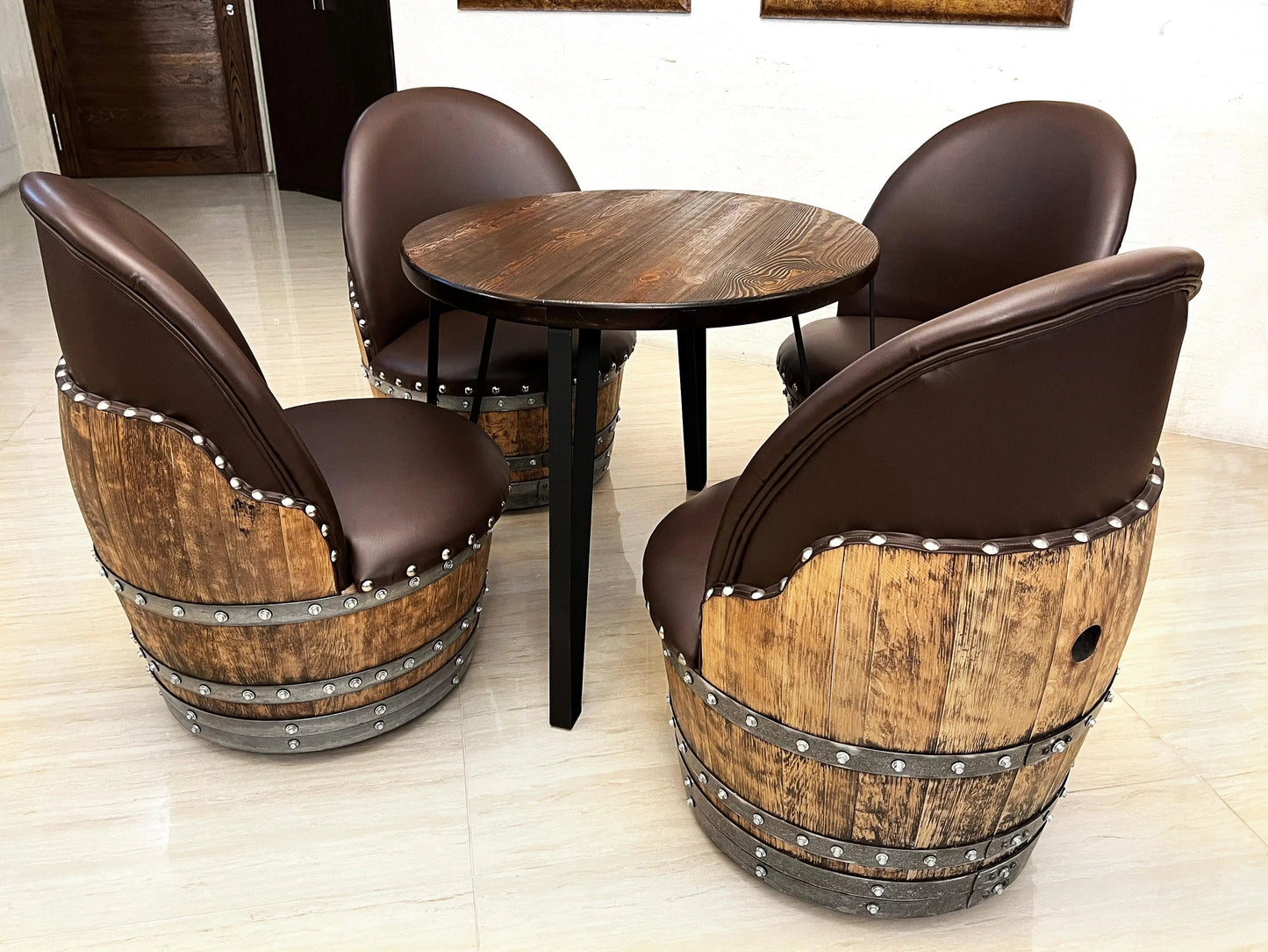Whiskey & Wine Barrel Steel-Leg Table Set — 4 Chairs, Modern Build