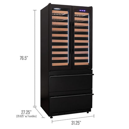 Allavino 100 Bottle Black French Doors Dual Zone Wine Refrigerator with Two Refrigerated Drawers