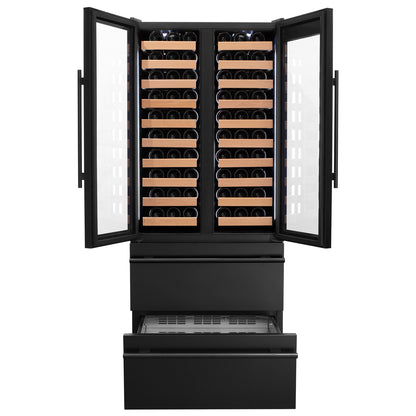 Allavino 100 Bottle Black French Doors Dual Zone Wine Refrigerator with Two Refrigerated Drawers